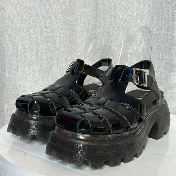 KATY PERRY THE GELI COMBAT BLACK HOLOGRAPHIC FISHERMAN PLATFORM SANDALS **NIB** - Picture 4 of 15